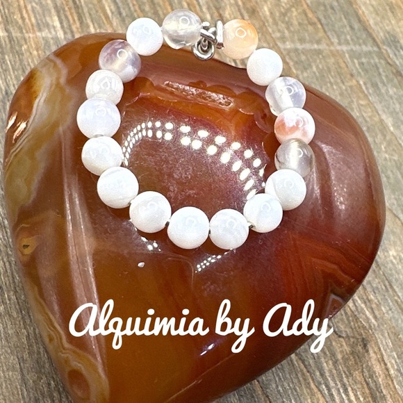 Alquimia White and Gold Ring flower agate beaded Infinity band - Picture 2 of 3